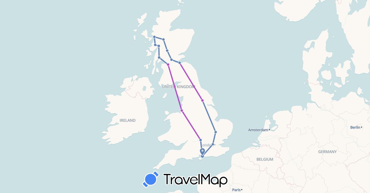 TravelMap itinerary: driving, cycling, train in United Kingdom (Europe)